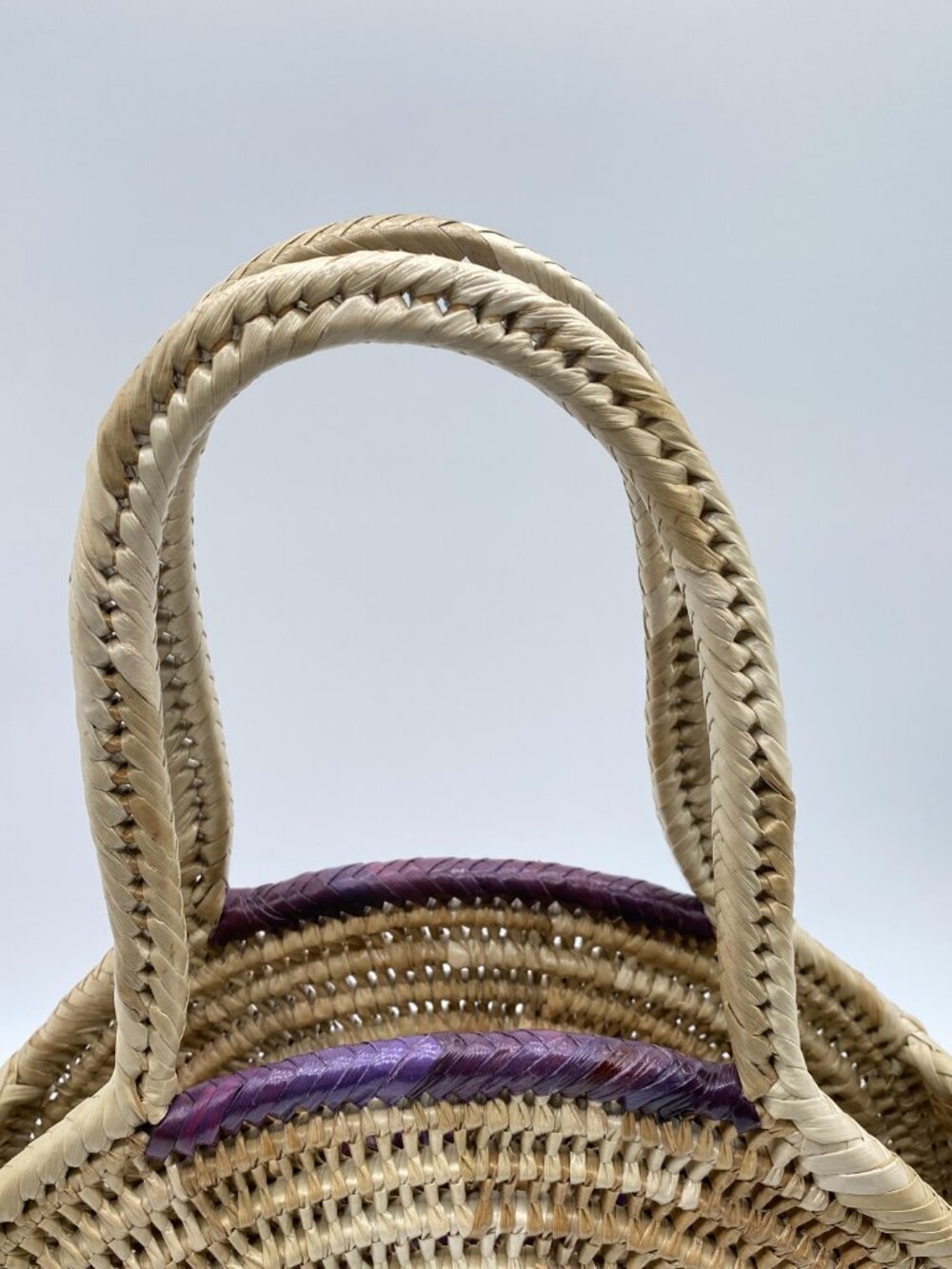 Handwoven Round Straw Tote Bag Purple Floral Boho Beach Market Basket - Picture 5 of 8